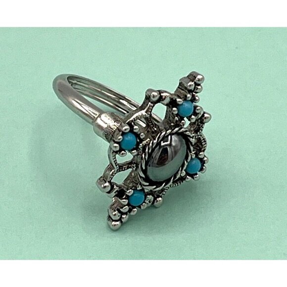 Vintage Avon Silver Tone Hematite Ring with Faux Turquoise Size 7.5 - Picture 3 of 10